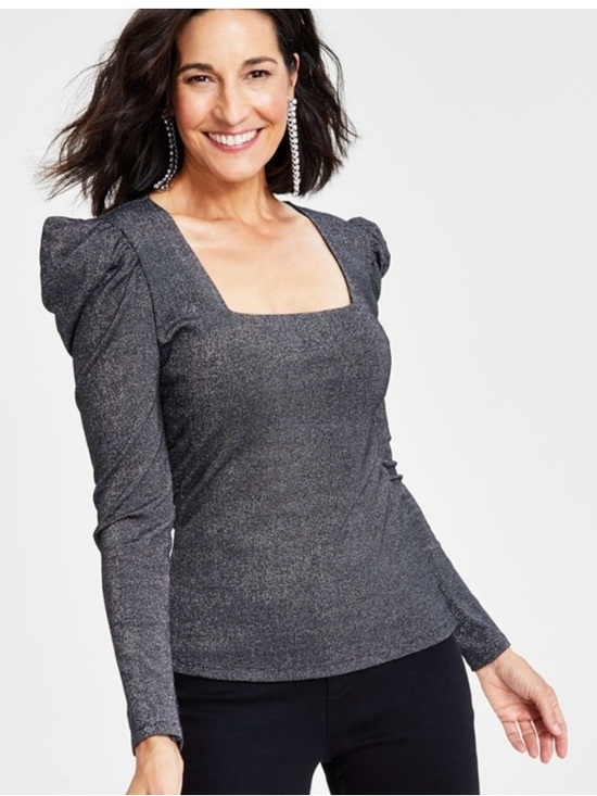 INC International Concepts Tops - INC Sparkle Square-Neck Puff-Sleeve Top in Charcoal
